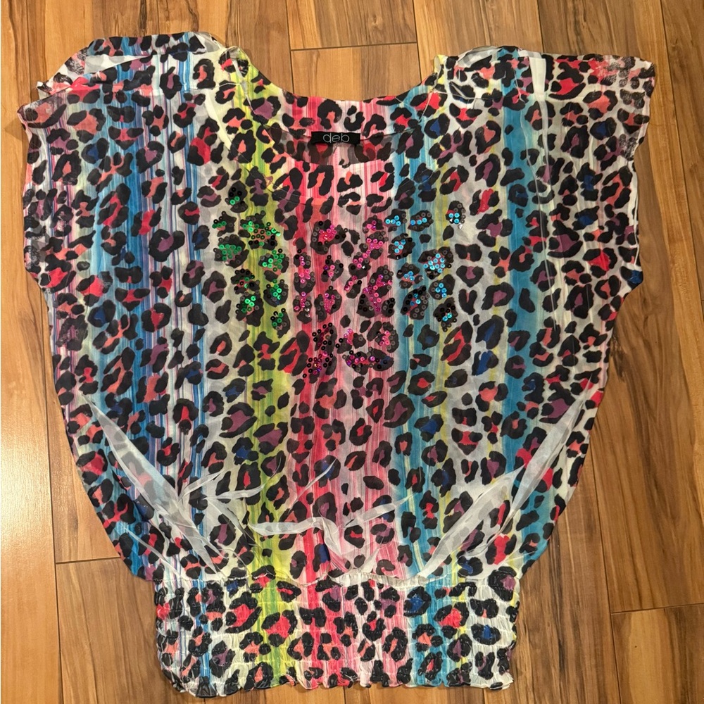 🎉 Peek-a-boo Rainbow Leopard Sequin Top 🐆 Sheer & Stretchy | Size L